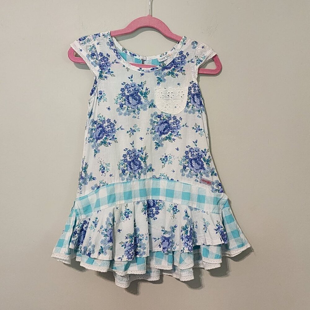 Naartjie sz 4 girls summer dress or tunic Blue white floral eyelet pocket